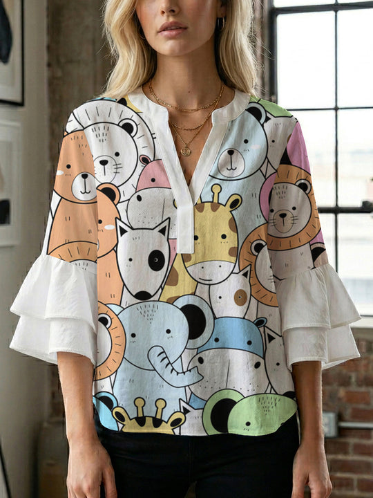 Damen lässige Bluse mit Volantärmeln und botanischem Druck EB
