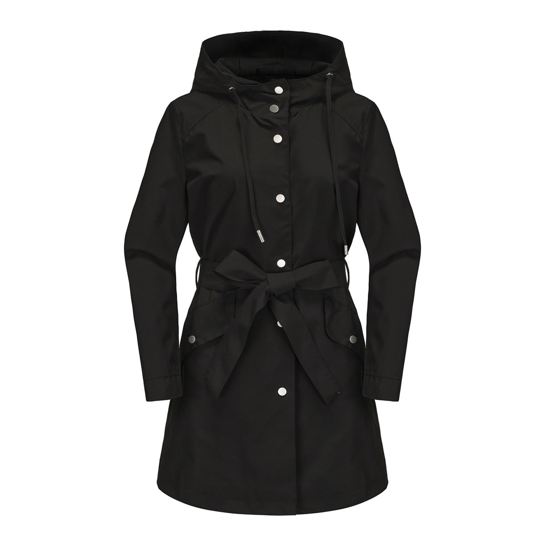 Damen wasserfeste Übergangsjacke mit verstellbarem Kapuzenkragen und Taillengürtel EB