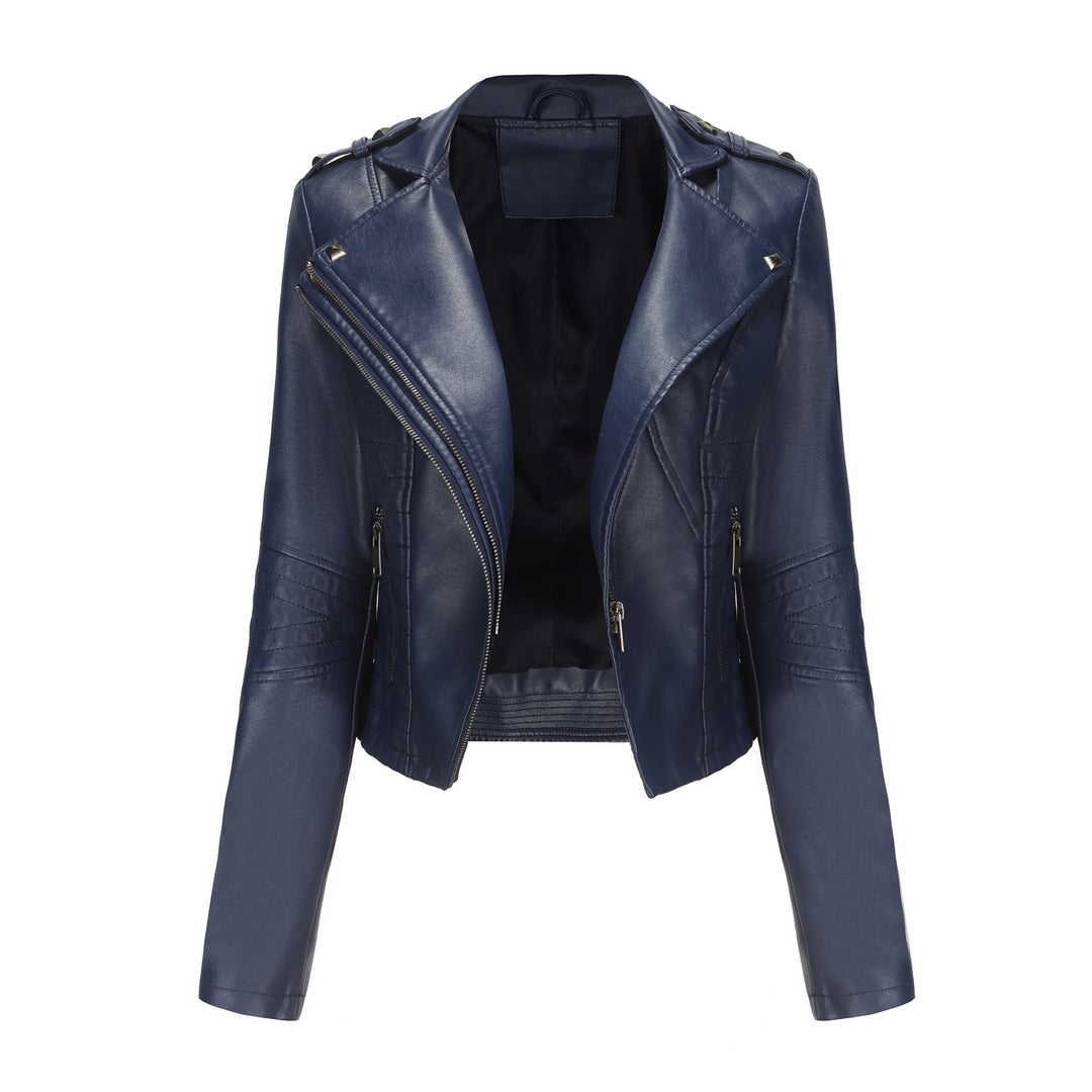 Damen stylische Bikerjacke mit asymmetrischem Reißverschluss und Detailnähten EB