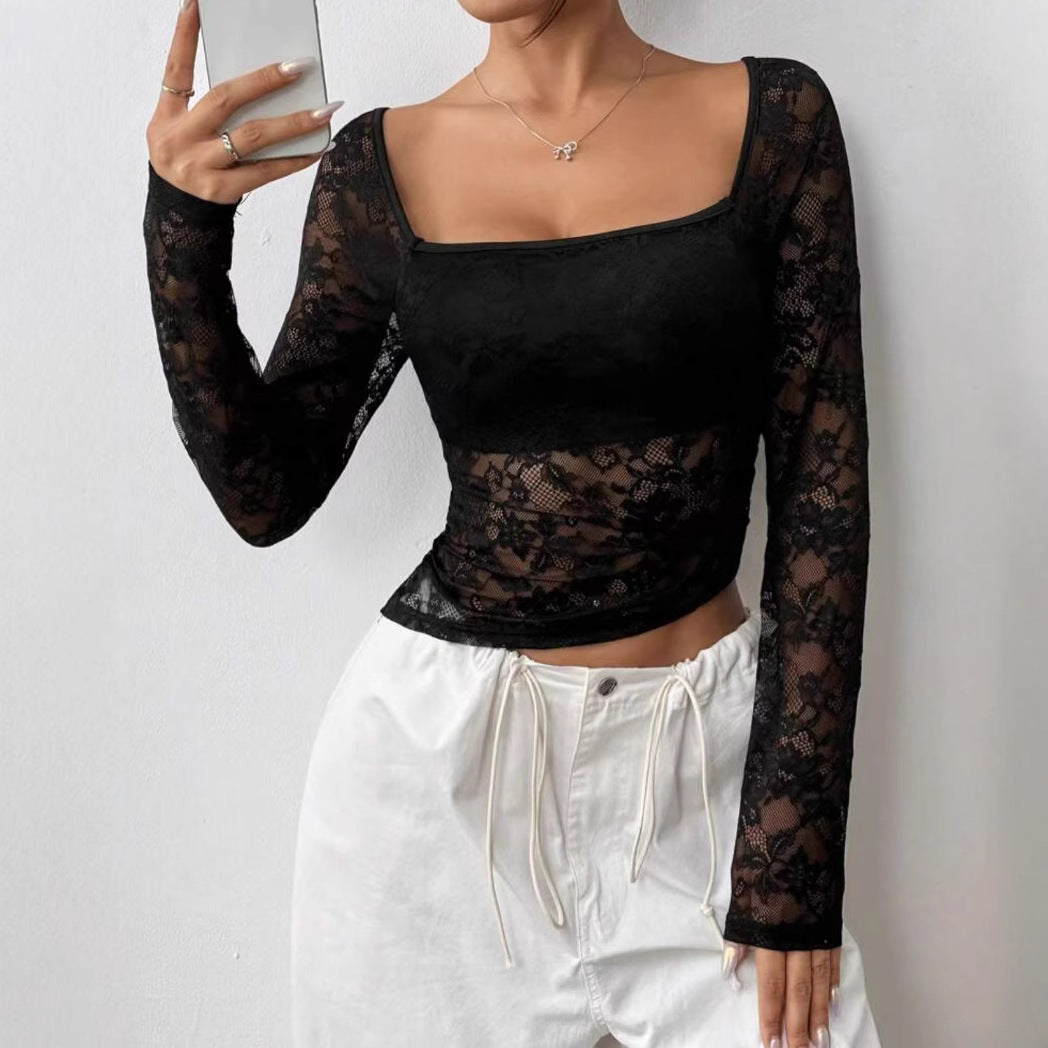 Damen Elegantes Langarm-Top aus Spitze EB