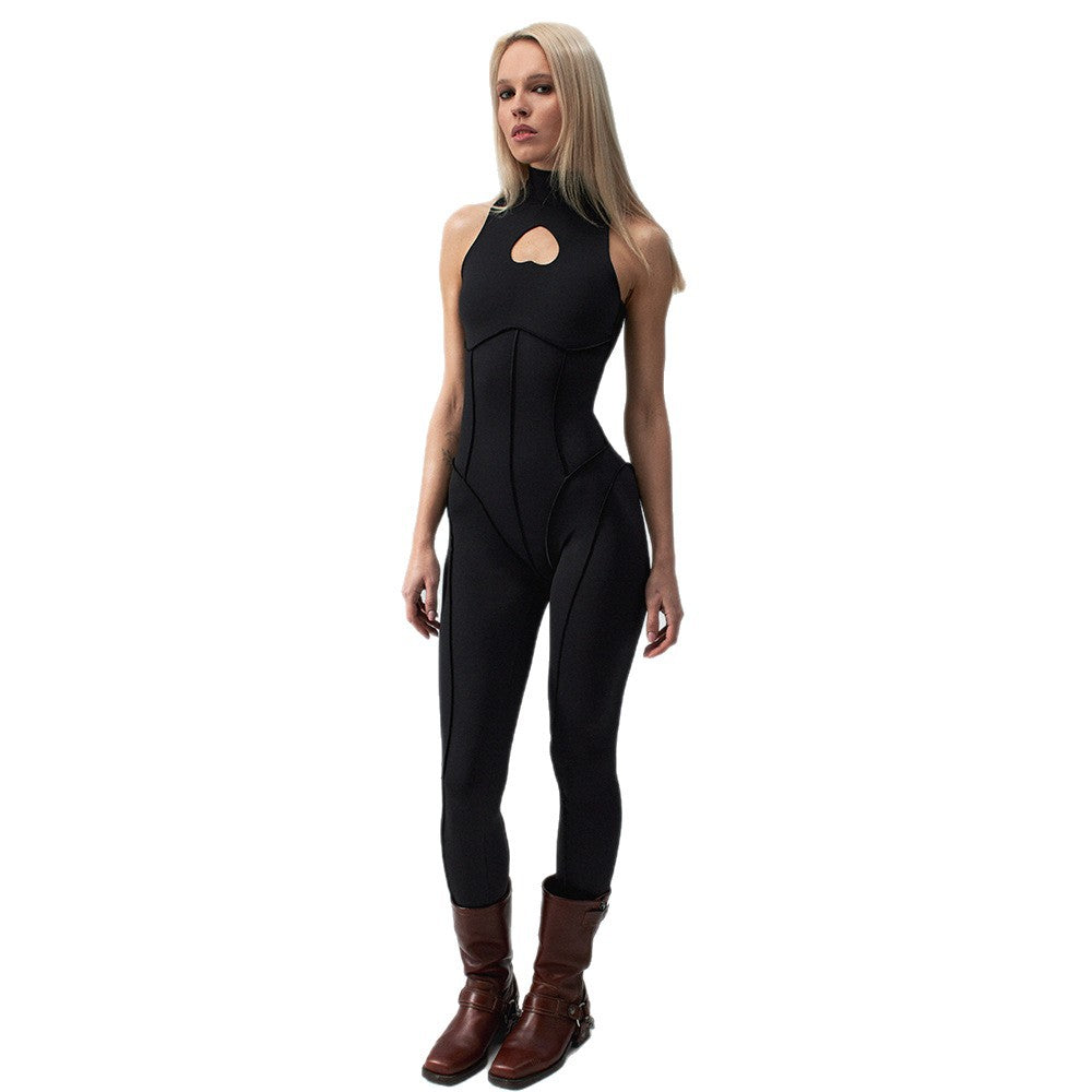 Damen Eleganter Bodycon-Jumpsuit mit herzförmigem Ausschnitt und hoher Kragen EB