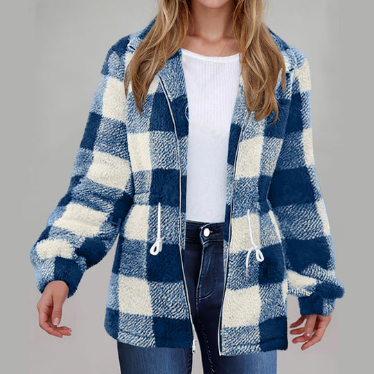 Damen kuschelige Oversize-Jacke mit kariertem Muster EB