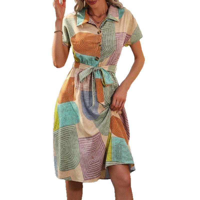 Damen Hemdkleid mit buntem geometrischem Muster und Taillengürtel EB