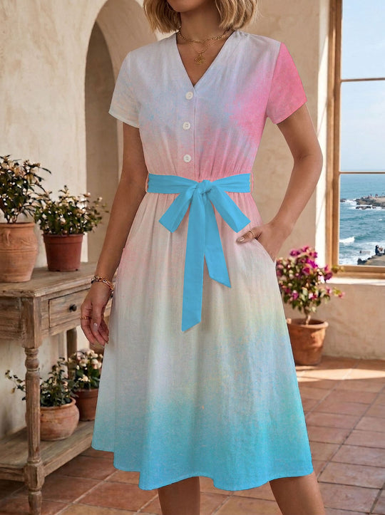 Damen Sommerliches Kleid mit taillierbarem Bindegürtel und floralem Muster EB
