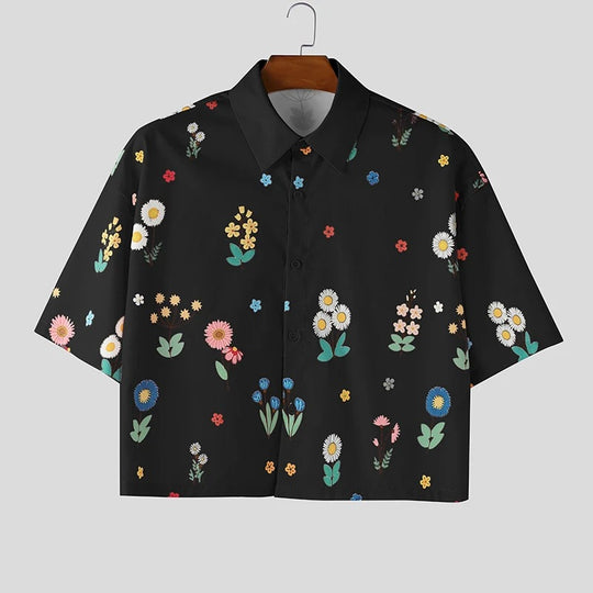 Damen nan kastig geschnittene Kurzarm-Hemdbluse mit floralem Allover-Print, Hemdkragen und kurzem Saum EB