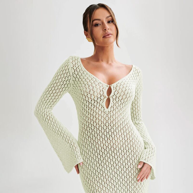 Damen elegantes Häkelkleid mit tiefem Ausschnitt EB