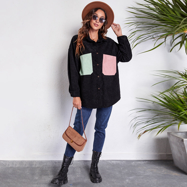 Damen Oversized Cordjacke mit bunten Taschen EB