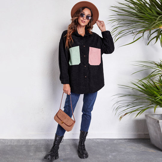 Damen Oversized Cordjacke mit bunten Taschen EB