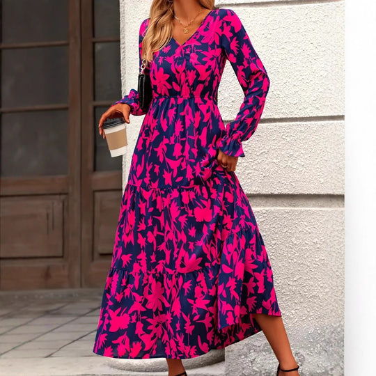 Damen Maxikleid mit V-Ausschnitt und voluminösen Ärmeln EB