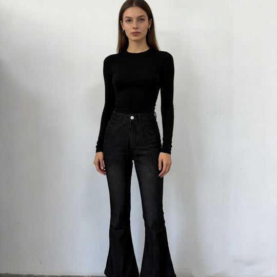 Damen nan High‑Waist Schlagjeans mit modellierender Hüftform, verstärkten Beinnähten und extra weitem Trompetenbein EB