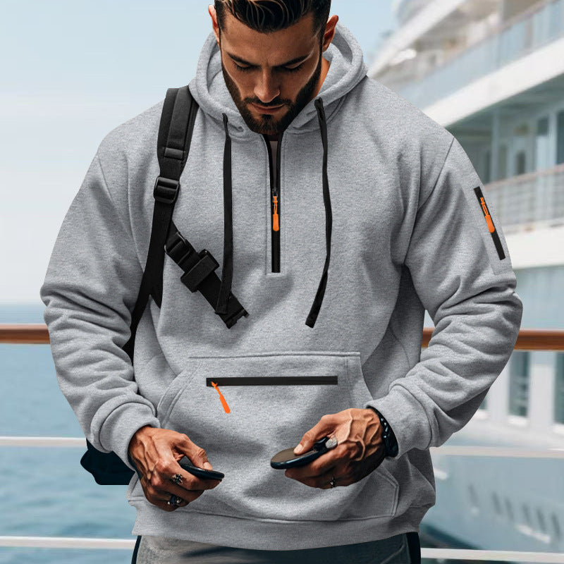 Herren nan technischer Halbzip-Outdoor-Hoodie mit verdeckter Kängurutasche, Reißverschluss-Ärmeltasche und integriertem Kabelkanal EB