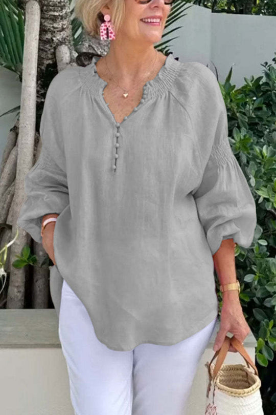 Damen Leichte Bluse mit elastischen Puffärmeln und Knopfleiste EB