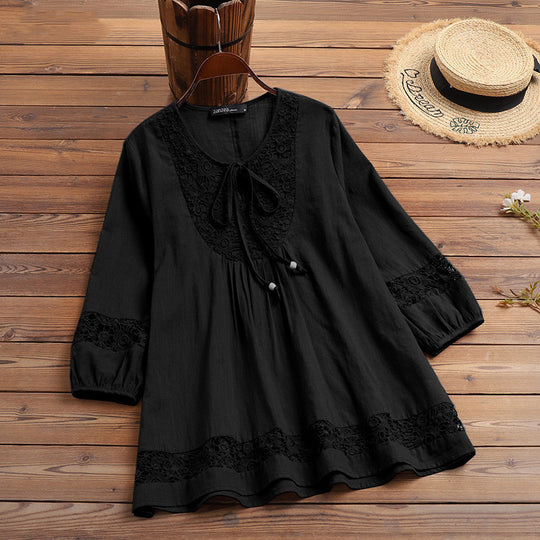 Damen Lässige Tunika-Bluse mit Häkelspitze, Bindekragen und dreiviertel Ärmeln EB