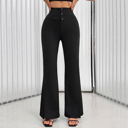 Damen Elegante Flared-Hose mit hohem Bund und klassischen Knopfdetails EB