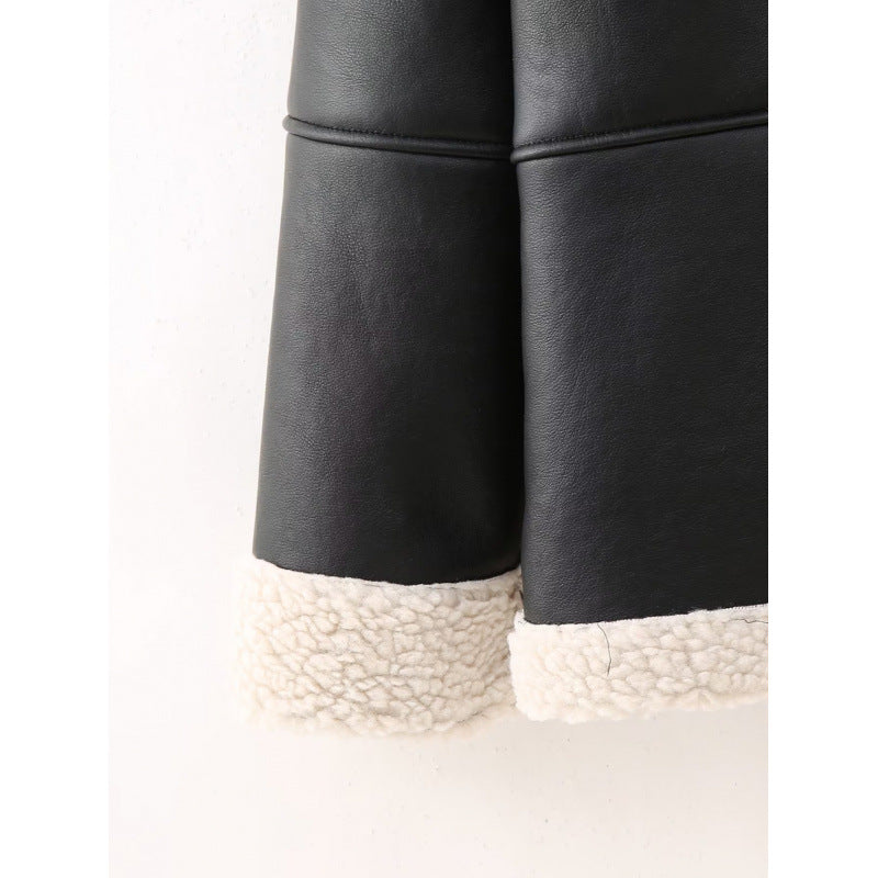 Damen Kunstlederjacke mit gemütlichem Teddyfutter und praktischen Taschen EB