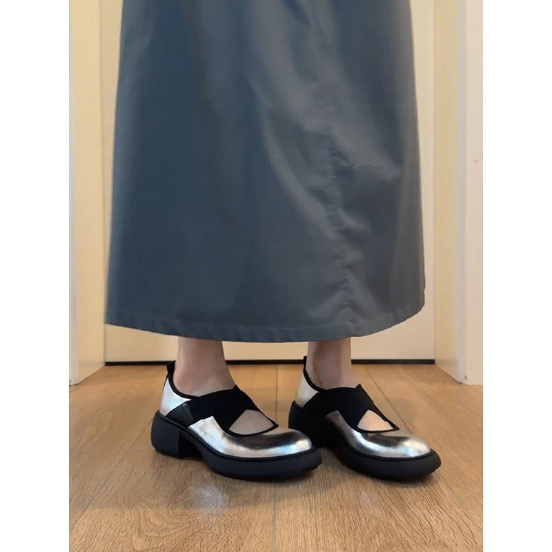 Damen Komfortable Ballerinas mit elastischem Kreuzriemen und glänzender Oberflächenstruktur EB