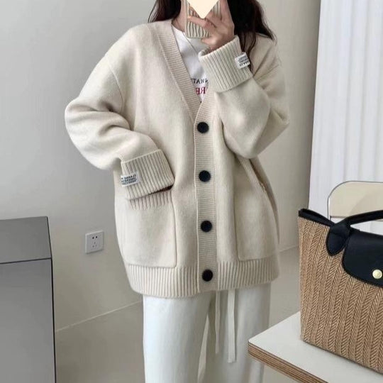 Damen Grob gestrickter Cardigan mit großen Taschen und tiefem V-Ausschnitt EB