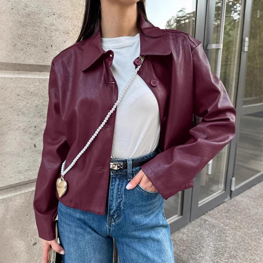 Damen Modische Kunstlederjacke mit klassischen Knopfdetails EB