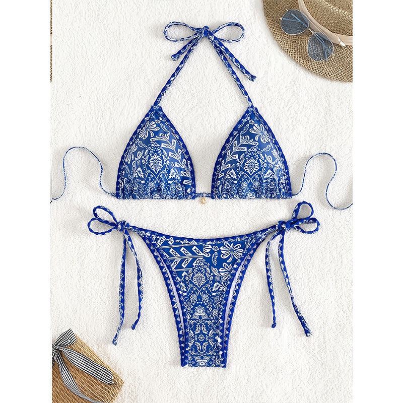 Damen Triangel-Bikini mit verspieltem floralem Muster und verstellbaren Bindebändern EB