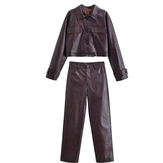 Damen nan gerade geschnittene Kunstlederhose mit Krokoprägung und hoher Taille EB