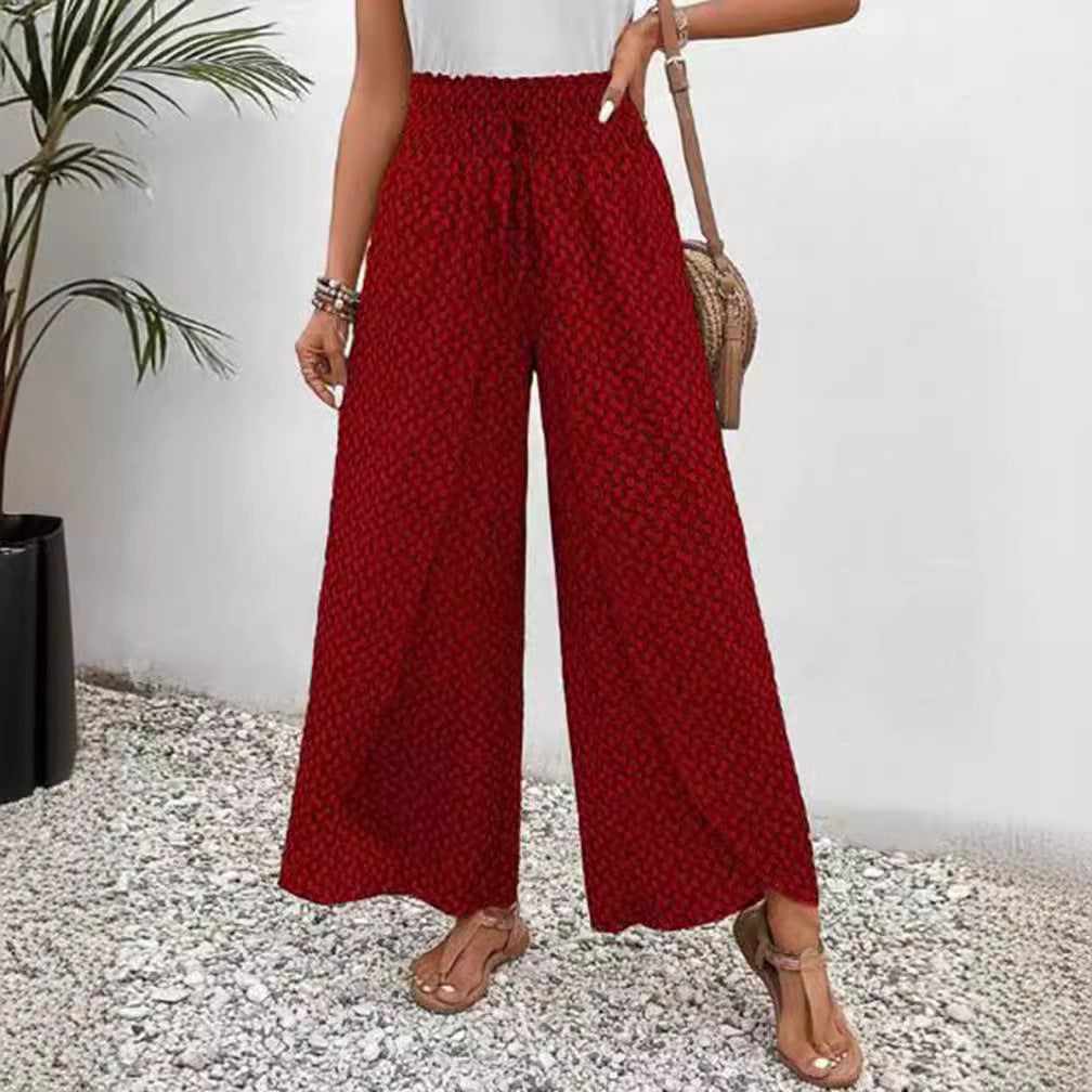 Damen nan weite Sommer-Palazzohose mit gerafftem Komfortbund, fließender Beinweite und geometrischem Allovermuster EB