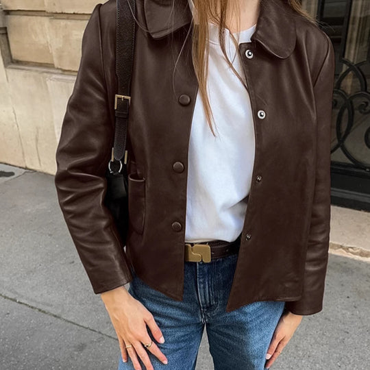 Damen Modische Kunstlederjacke mit praktischen Taschen und elegantem Kragen EB
