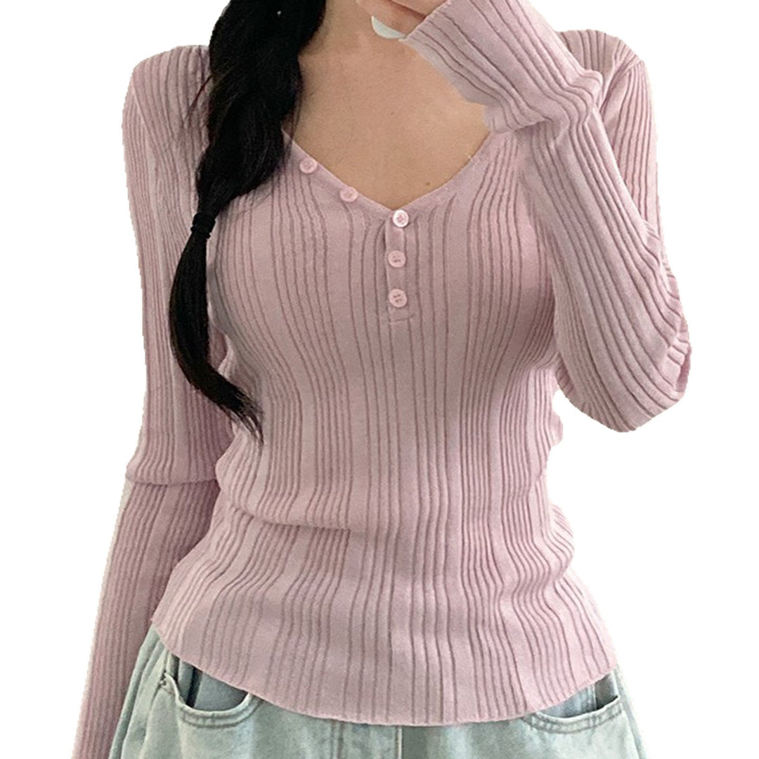 Damen nan feinstrukturierter Rippstrick-Longsleeve mit V-Ausschnitt, Henley-Knopfleiste und taillierter Passform EB