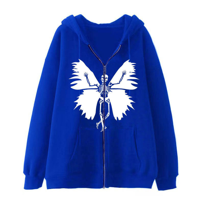 Damen Zip-Hoodie mit einzigartigem Skelett- und Schmetterlingsmotiv EB