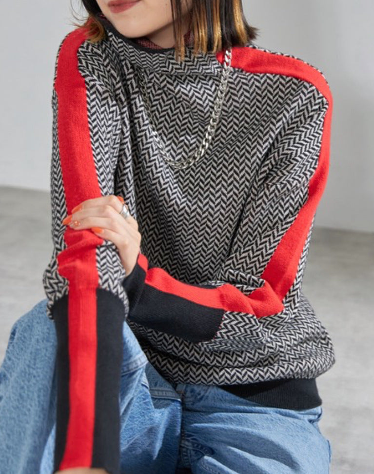 Damen Feinstrickpullover mit geometrischem Jacquardmuster, Stehkragen und Kontrastband EB
