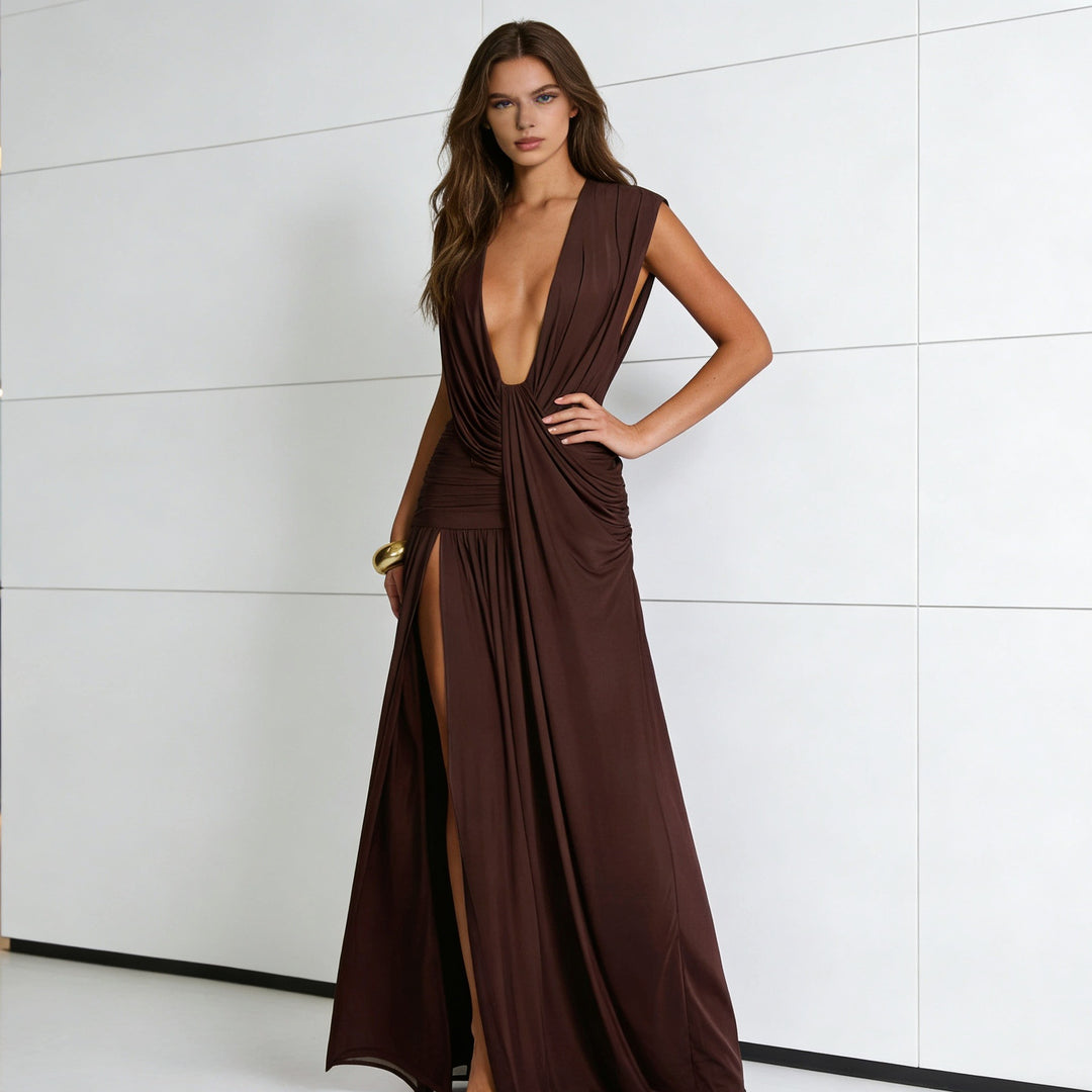 Damen Elegantes Wickelkleid mit tiefem V-Ausschnitt und seitlichem Schlitz EB
