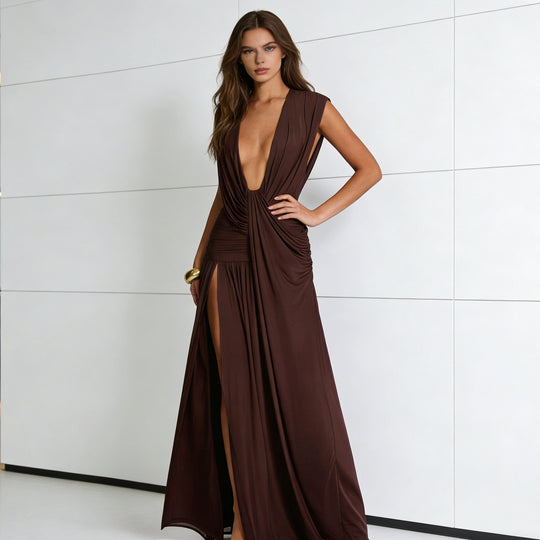 Damen Elegantes Wickelkleid mit tiefem V-Ausschnitt und seitlichem Schlitz EB