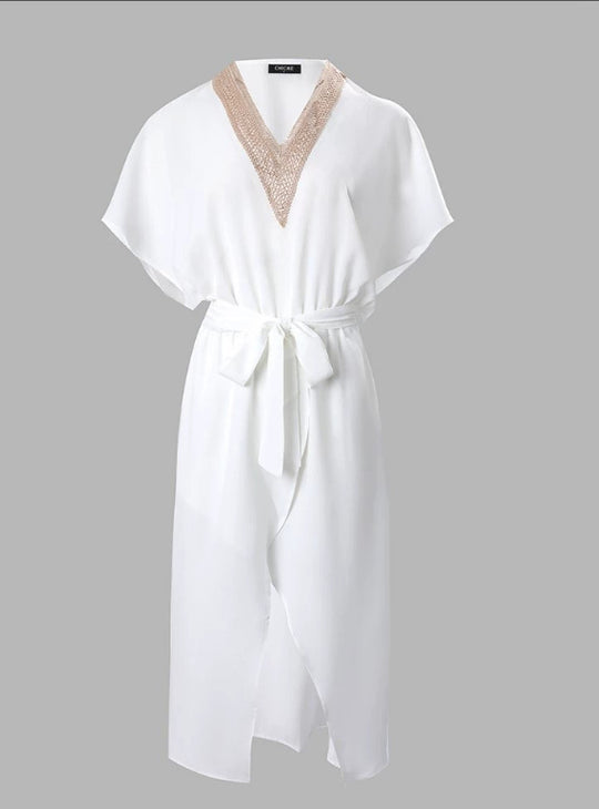 Damen elegantes Kimono-Style Strandkleid mit Gürtel und V-Ausschnitt EB