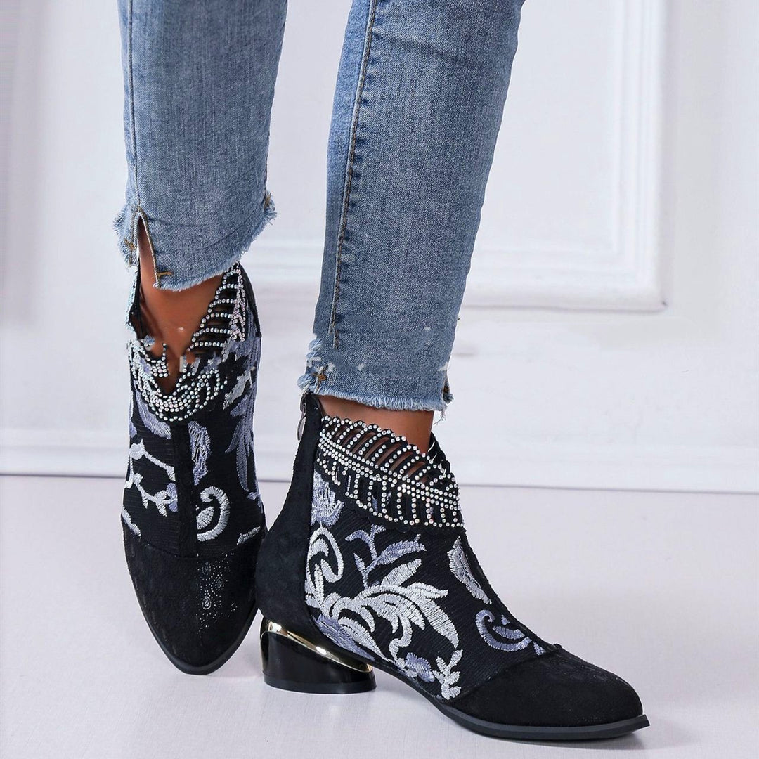 Damen Stiefeletten mit floralem Muster und glanzvollem Blockabsatz EB