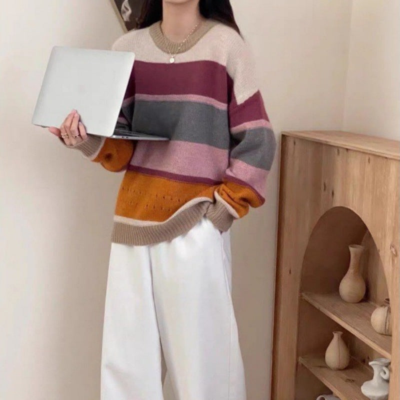 Damen Grob gestrickter Pullover mit lässigen Streifen EB