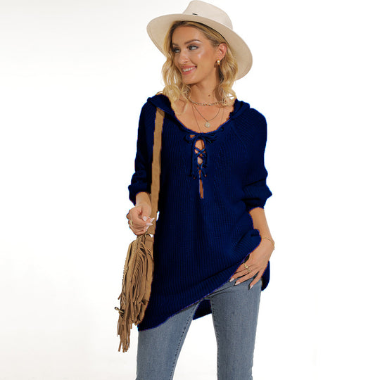 Damen lässiger Strickpullover mit einzigartigem Schnürdesign und lockerer Passform EB