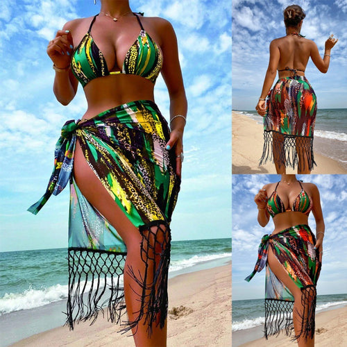 Damen Bikini-Set mit trendigem Fransenüberrock und verstellbaren Trägern EB