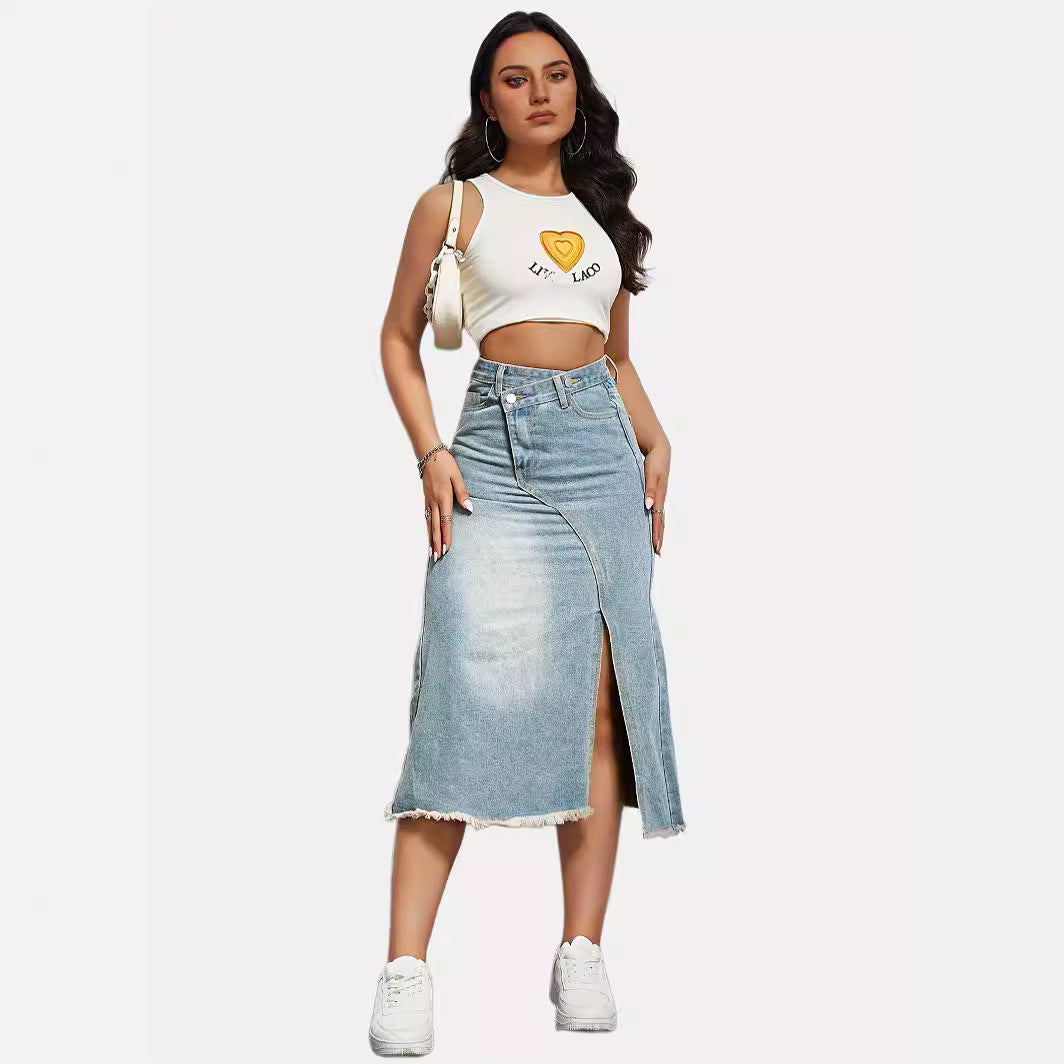 Damen Jeansrock mit asymmetrischem Schnitt und hohen Seitenschlitzen EB