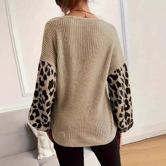 Damen modischer Pullover mit lässiger Weave-Optik und tierischem Muster EB