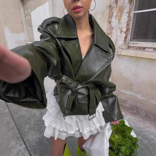 Damen Oversized Kunstlederjacke mit asymmetrischem Reißverschluss EB