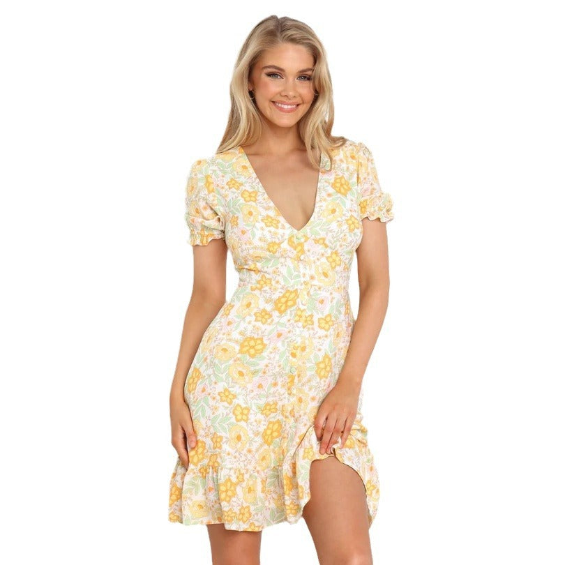 Damen Minikleid im romantischen Garden-Style mit voluminösen Ärmeln und verspieltem Saum EB