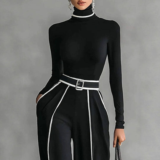 Damen nan elegantes Strickset mit tailliertem Rollkragenoberteil und weiter Plisseehose mit Taillengürtel EB