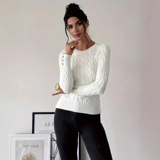 Damen Strickpullover mit Zopfmuster und Knopfdetails EB