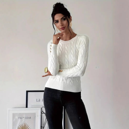 Damen Strickpullover mit Zopfmuster und Knopfdetails EB