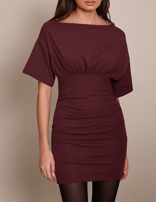 Damen figurbetontes Wickelkleid mit Raffungen und weiten Ärmeln EB