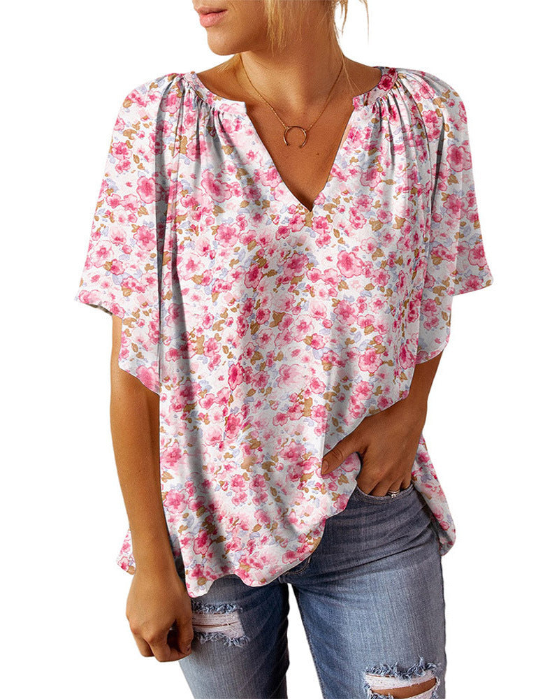 Damen luftiges V-Ausschnitt Blusenshirt mit floralem Muster EB