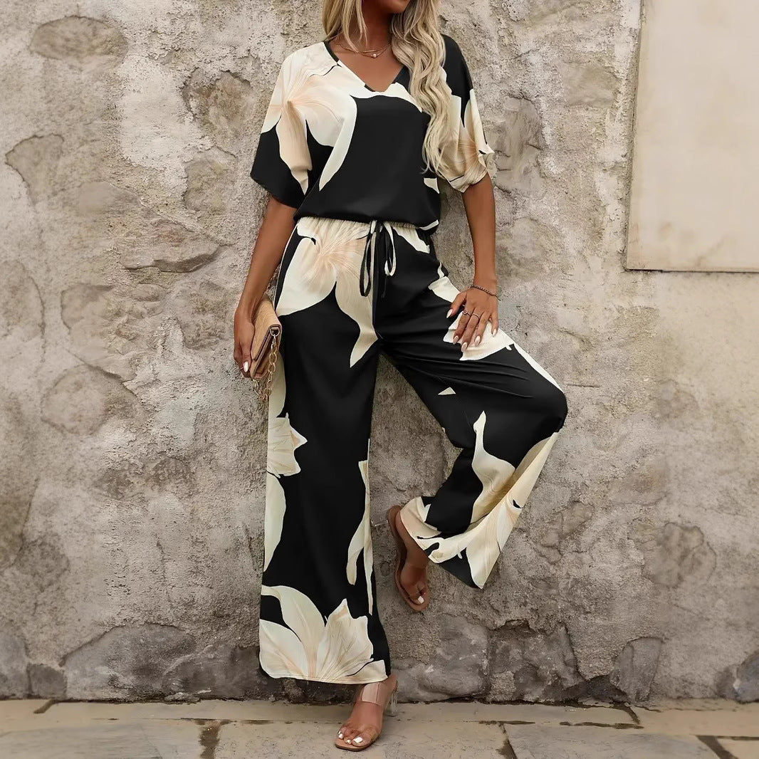 Damen luftiger Hosenanzug mit floralem Print und elastischem Bund EB
