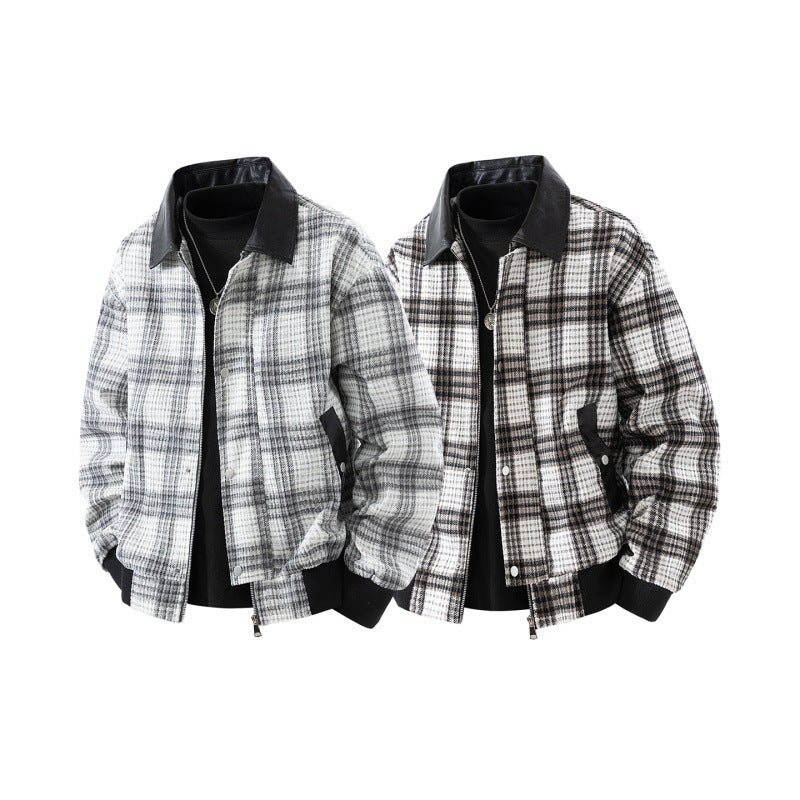 Herren karierte Overshirt-Jacke mit Kunstlederkragen, gefüttertem Innenfutter und elastischen Bündchen EB