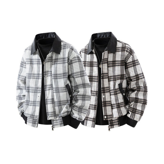 Herren karierte Overshirt-Jacke mit Kunstlederkragen, gefüttertem Innenfutter und elastischen Bündchen EB