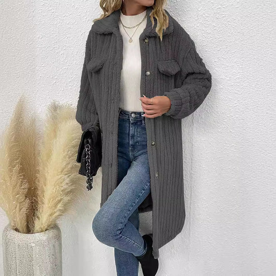Damen modische Overshirt-Jacke mit strukturiertem Design und abnehmbaren Knöpfen EB
