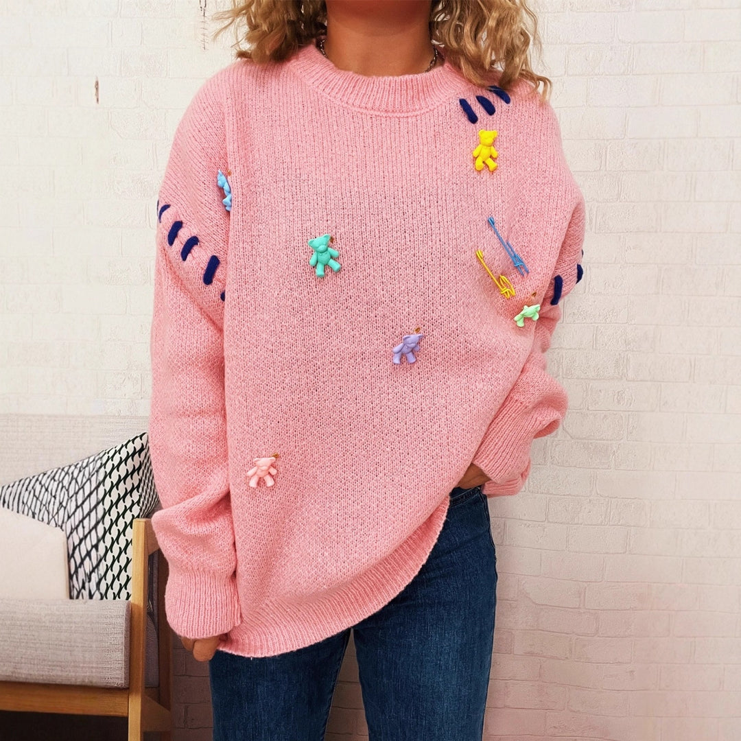 Damen Pullover mit verspieltem Bären-Motiv und dekorativen Applikationen EB